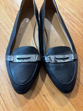 Coach Black Leather Pointed Toe Flats with Silver Hardware